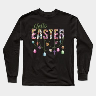 VINTAGE RETRO HELLO EASTER BOHO FLOWERS, EASTER EGGS AND CROSSES Long Sleeve T-Shirt